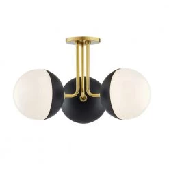 Renee 11 in. 3-Light Aged Brass/Black Semi-Flush Mount with Opal Glossy Shade by MITZI HUDSON VALLEY LIGHTING