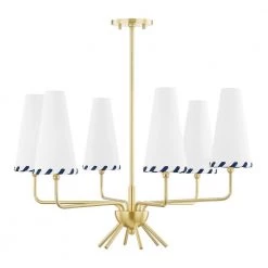 Cassie 6-Light Aged Brass Cone Chandelier White with Navy Blue Trim Belgian Linen by MITZI HUDSON VALLEY LIGHTING