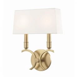 Gwen 2-Light Aged Brass Wall Sconce with White Linen Shade by MITZI HUDSON VALLEY LIGHTING