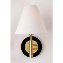 Robbie 1-Light Aged Brass/Black Wall Sconce with Off White Linen Shade by MITZI HUDSON VALLEY LIGHTING -EcoSmart Sales aged brass mitzi hudson valley lighting wall sconces h264101 agb bk c3 1000