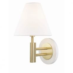 Robbie 1-Light Aged Brass/White Wall Sconce with Off White Linen Shade by MITZI HUDSON VALLEY LIGHTING