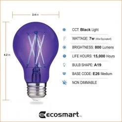 40-Watt Equivalent A19 Blacklight Ultraviolet Glow in the Dark LED Light Bulb (1-Pack) by EcoSmart -EcoSmart Sales black ecosmart colored light bulbs fg 04239 4f 1000