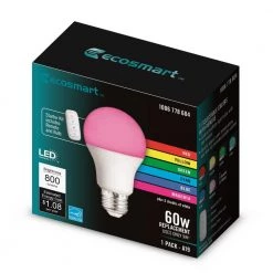 60-Watt Equivalent A19 CEC Color Changing LED Party Light Bulb Starter Kit with Remote (1-Pack) by EcoSmart -EcoSmart Sales ecosmart colored light bulbs 11a19060wrgbw01 40 1000