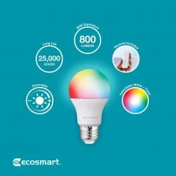 60-Watt Equivalent A19 CEC Color Changing LED Party Light Bulb Starter Kit with Remote (1-Pack) by EcoSmart -EcoSmart Sales ecosmart colored light bulbs 11a19060wrgbw01 77 1000