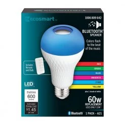 60-Watt Equivalent A21 Bluetooth Speaker Colored LED Light Bulb Plus Bright White with Remote Control (1-Pack) by EcoSmart -EcoSmart Sales ecosmart colored light bulbs btom60rgb3kesm 66 1000