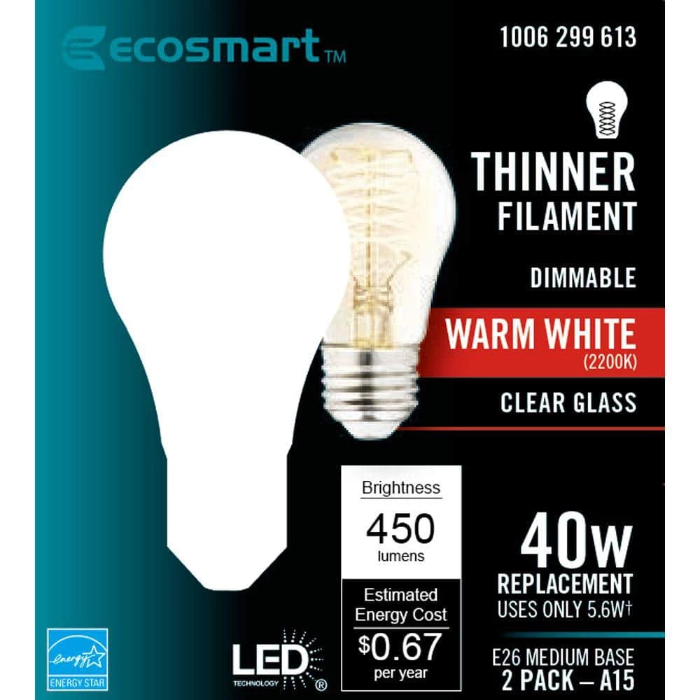 40-Watt Equivalent A15 Dimmable Fine Bendy Filament LED Vintage Edison Light Bulb Warm White (2-Pack) by EcoSmart 10 40-Watt Equivalent A15 Dimmable Fine Bendy Filament LED Vintage Edison Light Bulb Warm White (2-Pack) by EcoSmart - Image 8