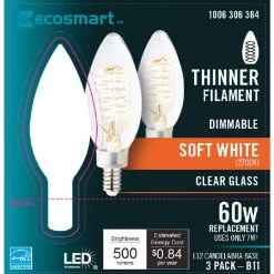 60-Watt Equivalent B11 Dimmable E12 Candelabra Fine Bendy Filament LED Vintage Edison Light Bulb Soft White (3-Pack) by EcoSmart -EcoSmart Sales ecosmart edison bulbs b11c7e12827s c3 1000