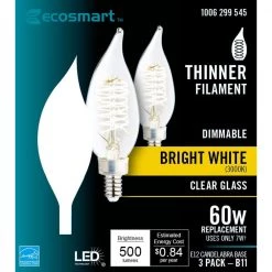 60-Watt Equivalent BA11 Dimmable E12 Candelabra Fine Bendy Filament LED Vintage Edison Light Bulb Bright White (3-Pack) by EcoSmart 20 60-Watt Equivalent BA11 Dimmable E12 Candelabra Fine Bendy Filament LED Vintage Edison Light Bulb Bright White (3-Pack) by EcoSmart -EcoSmart Sales ecosmart edison bulbs ba11c7e12830s 4f 1000