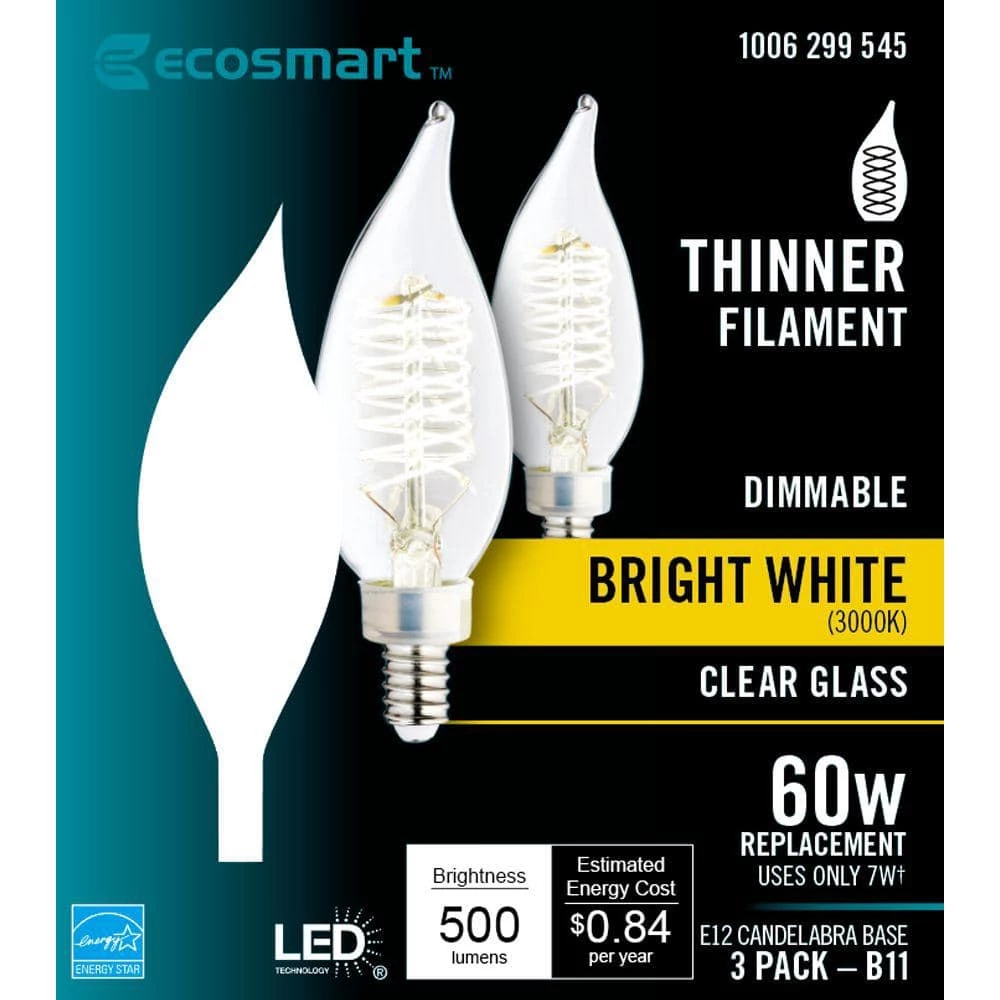 60-Watt Equivalent BA11 Dimmable E12 Candelabra Fine Bendy Filament LED Vintage Edison Light Bulb Bright White (3-Pack) by EcoSmart 11 60-Watt Equivalent BA11 Dimmable E12 Candelabra Fine Bendy Filament LED Vintage Edison Light Bulb Bright White (3-Pack) by EcoSmart - Image 9