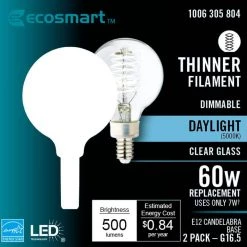 60-Watt Equivalent G16.5 Dimmable Fine Bendy Filament LED Vintage Edison Light Bulb Daylight (2-Pack) by EcoSmart -EcoSmart Sales ecosmart edison bulbs g16 5c7e12850s c3 1000