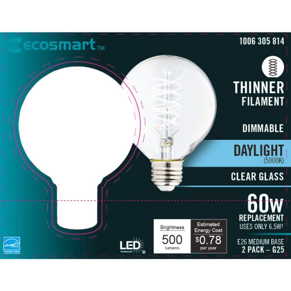 60-Watt Equivalent G25 Dimmable Fine Bendy Filament LED Light Bulb Daylight (2-Pack) by EcoSmart 10 60-Watt Equivalent G25 Dimmable Fine Bendy Filament LED Light Bulb Daylight (2-Pack) by EcoSmart - Image 8