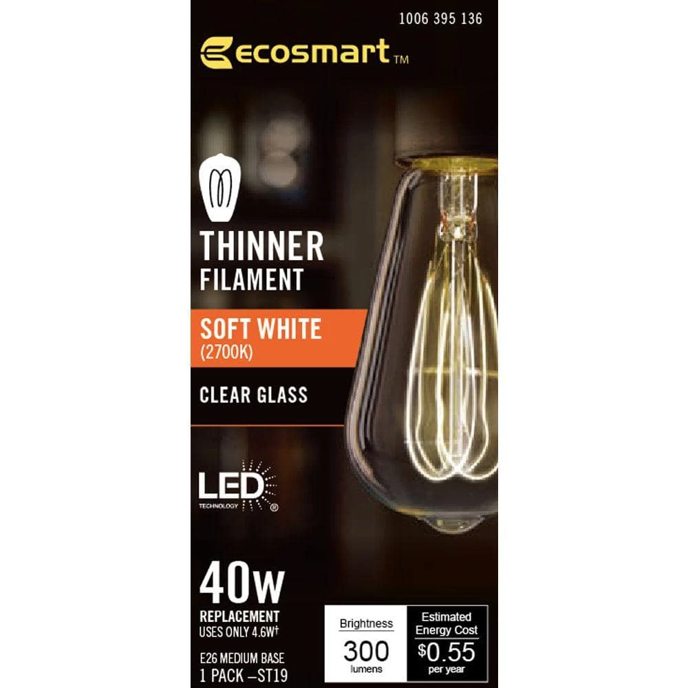 40-Watt Equivalent ST19 Dimmable M-Shape Filament LED Vintage Edison Light Bulb Soft White (1-Pack) by EcoSmart 10 40-Watt Equivalent ST19 Dimmable M-Shape Filament LED Vintage Edison Light Bulb Soft White (1-Pack) by EcoSmart - Image 8