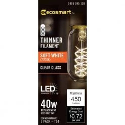 40-Watt Equivalent T14 Dimmable Fine Bendy Filament LED Vintage Edison Light Bulb Soft White (1-Pack) by EcoSmart 18 40-Watt Equivalent T14 Dimmable Fine Bendy Filament LED Vintage Edison Light Bulb Soft White (1-Pack) by EcoSmart -EcoSmart Sales ecosmart edison bulbs t14c6e26827s c3 1000