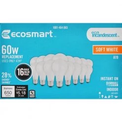 60-Watt Equivalent A19 Dimmable Eco-Incandescent Light Bulb Soft White (16-Pack) by EcoSmart -EcoSmart Sales ecosmart incandescent light bulbs 52698 66 1000