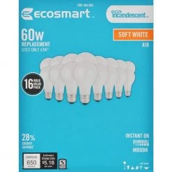 60-Watt Equivalent A19 Dimmable Eco-Incandescent Light Bulb Soft White (16-Pack) by EcoSmart -EcoSmart Sales ecosmart incandescent light bulbs 52698 77 1000
