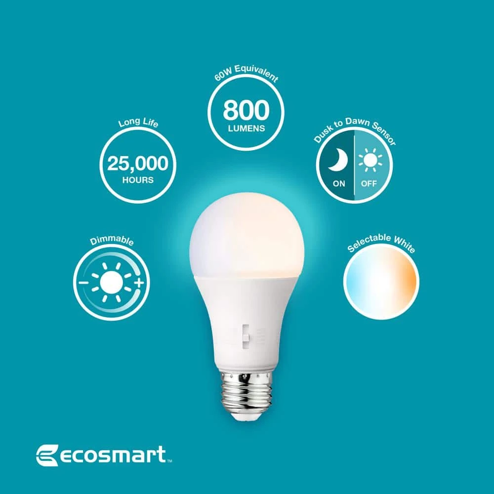 60-Watt Equivalent A19 Dimmable CEC Dusk to Dawn LED Light Bulb with Selectable Color Temperature (1-Pack) by EcoSmart 10 60-Watt Equivalent A19 Dimmable CEC Dusk to Dawn LED Light Bulb with Selectable Color Temperature (1-Pack) by EcoSmart - Image 8