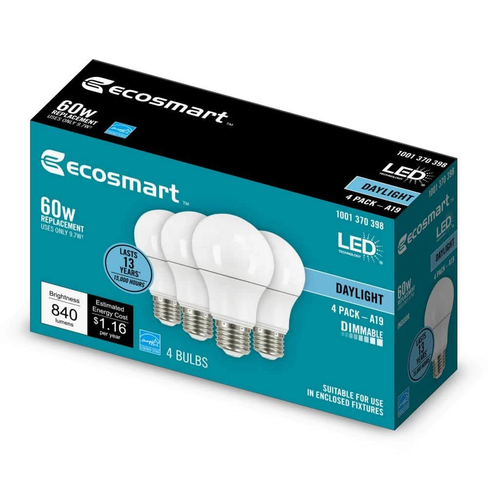 60-Watt Equivalent A19 Dimmable LED Light Bulb Daylight (4-Pack) by EcoSmart 3 60-Watt Equivalent A19 Dimmable LED Light Bulb Daylight (4-Pack) by EcoSmart - Image 2