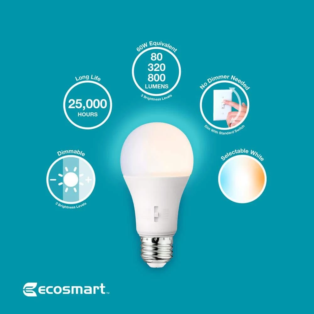 60-Watt Equivalent A19 CEC Built in Dimming LED Light Bulb with Selectable Color Temperature (1-Pack) by EcoSmart 7 60-Watt Equivalent A19 CEC Built in Dimming LED Light Bulb with Selectable Color Temperature (1-Pack) by EcoSmart - Image 5