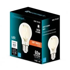 60-Watt Equivalent A19 Dimmable CEC Dusk to Dawn Clear Glass Filament LED Light Bulb Soft White by EcoSmart -EcoSmart Sales ecosmart led light bulbs 11cfa1960wdtd01 4f 1000