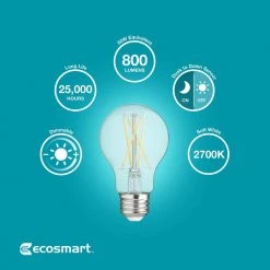 60-Watt Equivalent A19 Dimmable CEC Dusk to Dawn Clear Glass Filament LED Light Bulb Soft White by EcoSmart -EcoSmart Sales ecosmart led light bulbs 11cfa1960wdtd01 c3 1000
