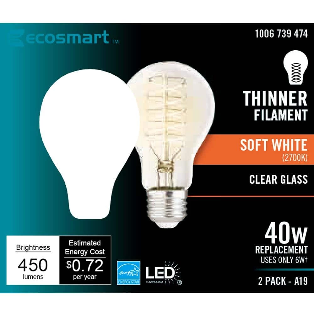 40-Watt Equivalent A19 ENERGY STAR and CEC Dimmable Fine Bendy Filament LED Light Bulb Soft White (2-Pack) by EcoSmart 12 40-Watt Equivalent A19 ENERGY STAR and CEC Dimmable Fine Bendy Filament LED Light Bulb Soft White (2-Pack) by EcoSmart - Image 10