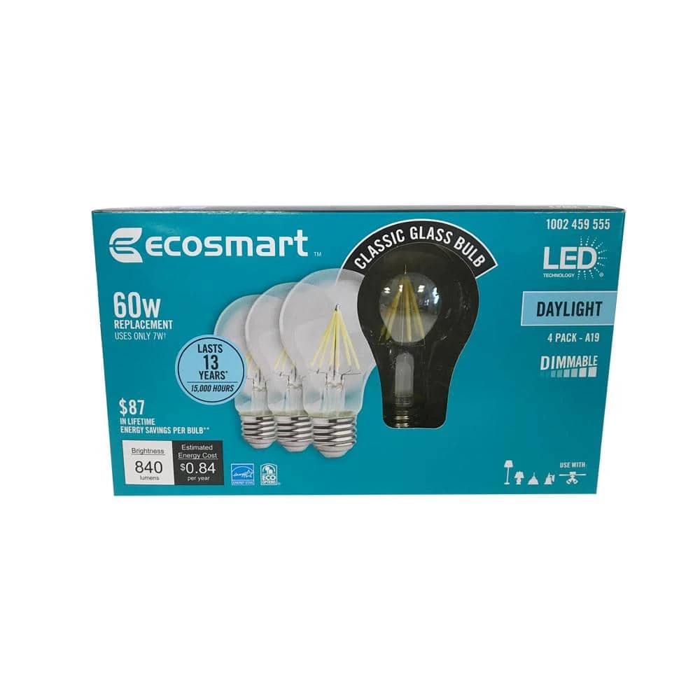 60-Watt Equivalent A19 Dimmable Energy Star Clear Filament Vintage Style LED Light Bulb Daylight (4-Pack) by EcoSmart 6 60-Watt Equivalent A19 Dimmable Energy Star Clear Filament Vintage Style LED Light Bulb Daylight (4-Pack) by EcoSmart - Image 4
