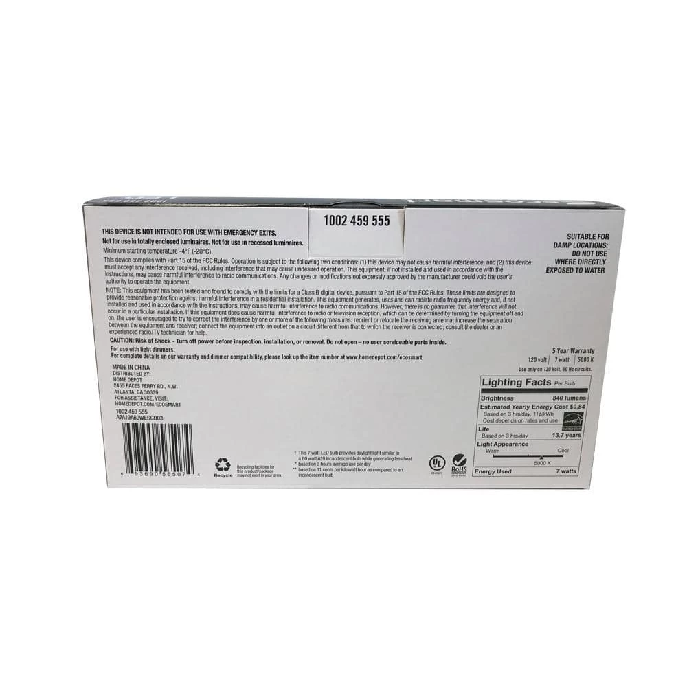 60-Watt Equivalent A19 Dimmable Energy Star Clear Filament Vintage Style LED Light Bulb Daylight (4-Pack) by EcoSmart 13 60-Watt Equivalent A19 Dimmable Energy Star Clear Filament Vintage Style LED Light Bulb Daylight (4-Pack) by EcoSmart - Image 11