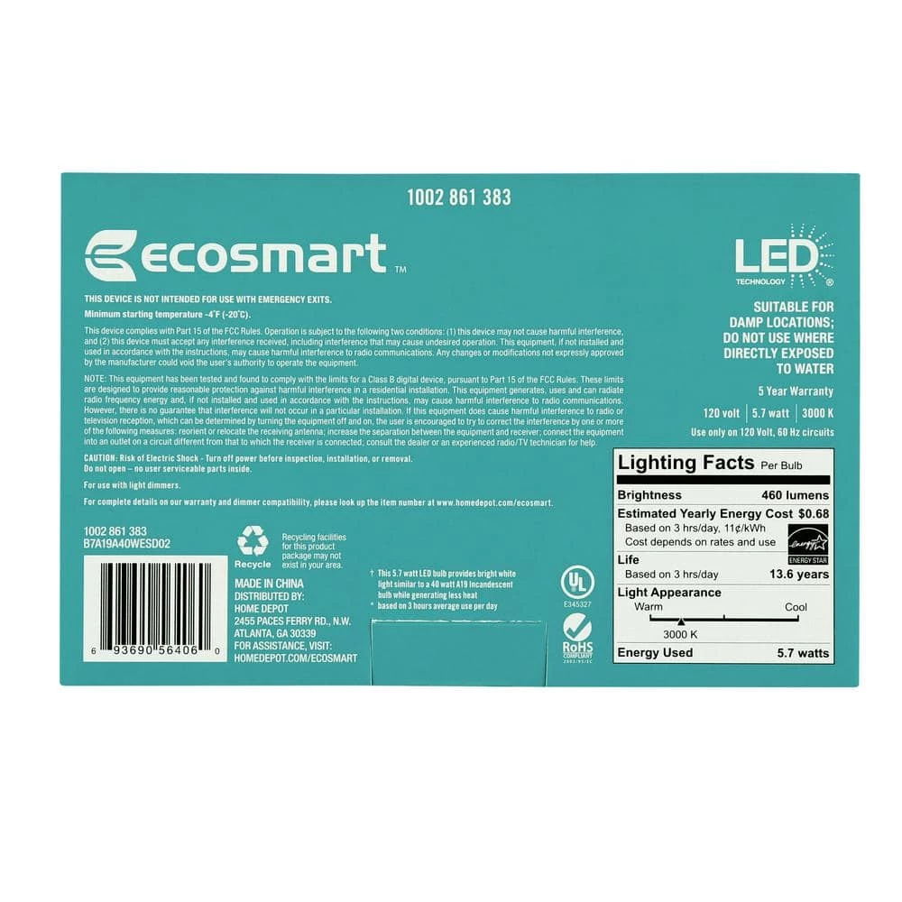 40-Watt Equivalent A19 Dimmable ENERGY STAR LED Light Bulb, Bright White (16-Pack) by EcoSmart 8 40-Watt Equivalent A19 Dimmable ENERGY STAR LED Light Bulb, Bright White (16-Pack) by EcoSmart - Image 6