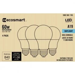 60-Watt Equivalent A19 Non-Dimmable LED Light Bulb Daylight (4-Pack) by EcoSmart -EcoSmart Sales ecosmart led light bulbs b7a19a60wul34 4f 1000