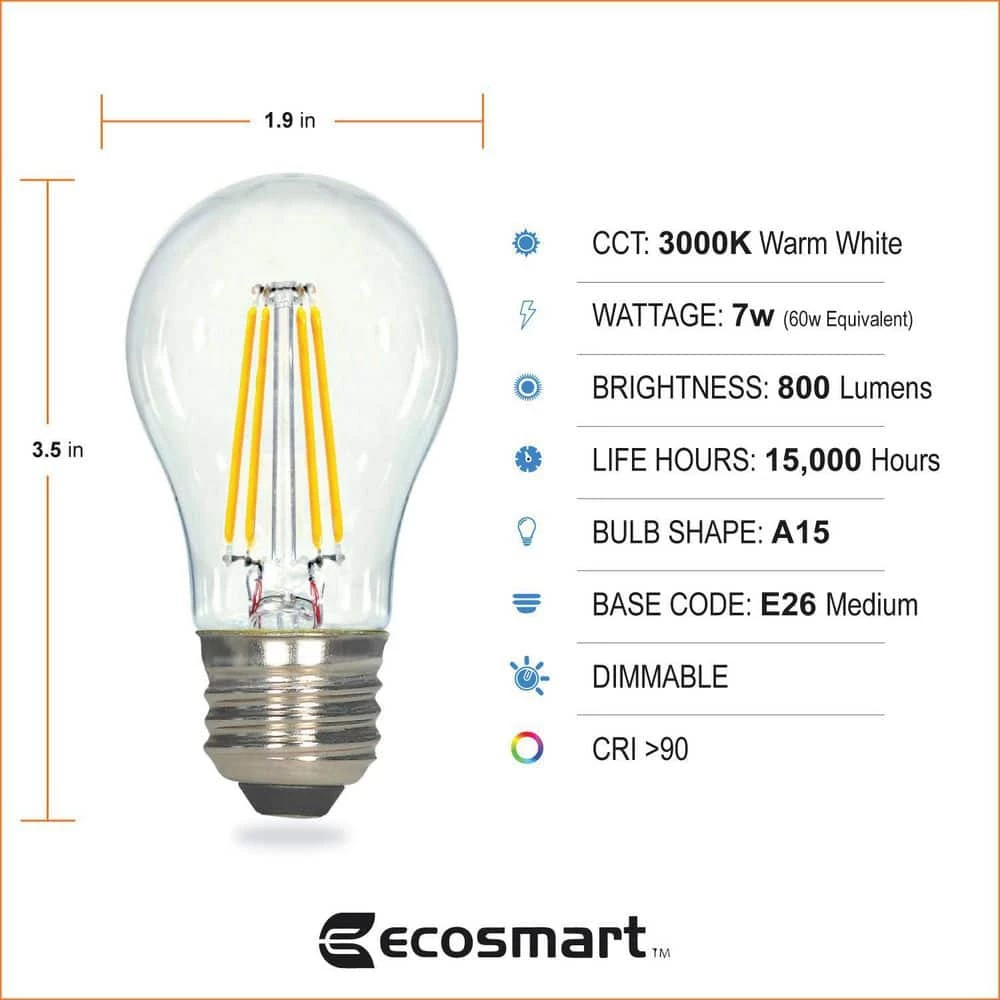 60-Watt Equivalent A15 Dimmable Clear Glass Filament LED Vintage Edison Light Bulb Bright White (3-Pack) by EcoSmart 8 60-Watt Equivalent A15 Dimmable Clear Glass Filament LED Vintage Edison Light Bulb Bright White (3-Pack) by EcoSmart - Image 6