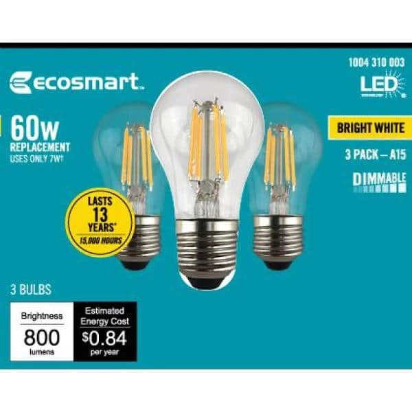 60-Watt Equivalent A15 Dimmable Clear Glass Filament LED Vintage Edison Light Bulb Bright White (3-Pack) by EcoSmart 11 60-Watt Equivalent A15 Dimmable Clear Glass Filament LED Vintage Edison Light Bulb Bright White (3-Pack) by EcoSmart - Image 9