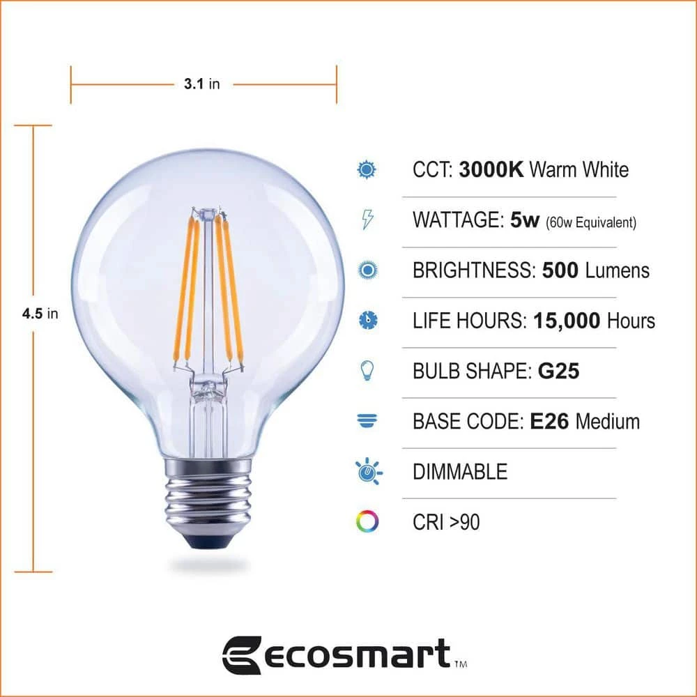 60-Watt Equivalent G25 Dimmable ENERGY STAR Clear Glass Filament Vintage Edison LED Light Bulb Bright White (3-Pack) by EcoSmart 8 60-Watt Equivalent G25 Dimmable ENERGY STAR Clear Glass Filament Vintage Edison LED Light Bulb Bright White (3-Pack) by EcoSmart - Image 6