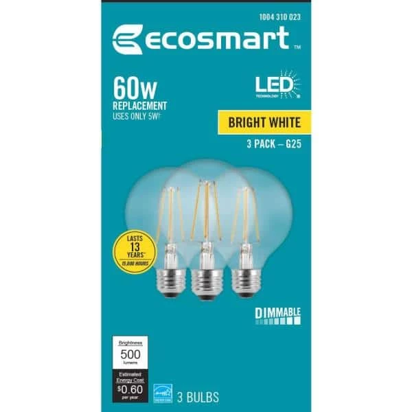 60-Watt Equivalent G25 Dimmable ENERGY STAR Clear Glass Filament Vintage Edison LED Light Bulb Bright White (3-Pack) by EcoSmart 11 60-Watt Equivalent G25 Dimmable ENERGY STAR Clear Glass Filament Vintage Edison LED Light Bulb Bright White (3-Pack) by EcoSmart - Image 9