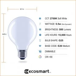 60-Watt Equivalent G25 Globe Dimmable ENERGY STAR Filament LED Vintage Edison Light Bulb Soft White (3-Pack) by EcoSmart 19 60-Watt Equivalent G25 Globe Dimmable ENERGY STAR Filament LED Vintage Edison Light Bulb Soft White (3-Pack) by EcoSmart -EcoSmart Sales ecosmart led light bulbs fg 03393 44 1000