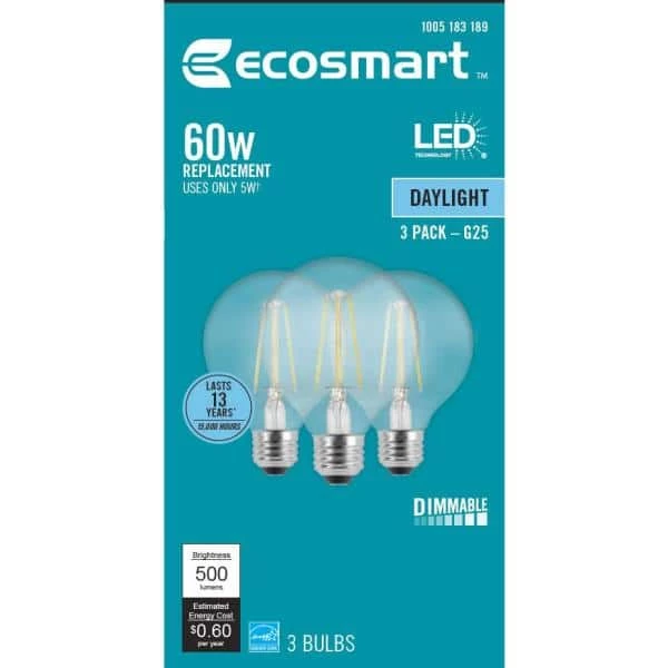 60-Watt Equivalent G25 Globe Dimmable ENERGY STAR Clear Glass Filament LED Vintage Edison Light Bulb Daylight (3-Pack) by EcoSmart 12 60-Watt Equivalent G25 Globe Dimmable ENERGY STAR Clear Glass Filament LED Vintage Edison Light Bulb Daylight (3-Pack) by EcoSmart - Image 10