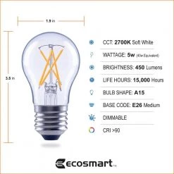 40-Watt Equivalent A15 Dimmable ENERGY STAR Clear Glass Decorative Filament Vintage LED Light Bulb Soft White (3-Pack) by EcoSmart 19 40-Watt Equivalent A15 Dimmable ENERGY STAR Clear Glass Decorative Filament Vintage LED Light Bulb Soft White (3-Pack) by EcoSmart -EcoSmart Sales ecosmart led light bulbs fg 04056 1f 1000