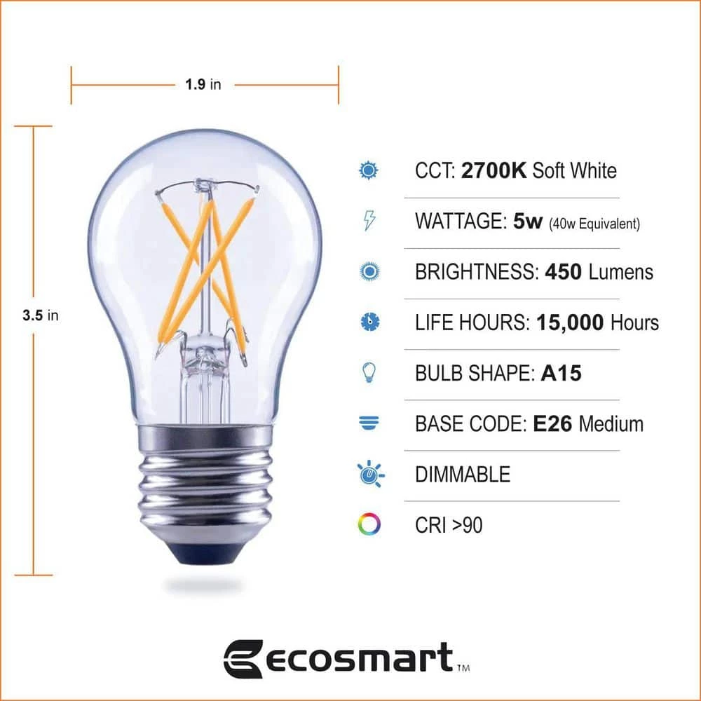 40-Watt Equivalent A15 Dimmable ENERGY STAR Clear Glass Decorative Filament Vintage LED Light Bulb Soft White (3-Pack) by EcoSmart 9 40-Watt Equivalent A15 Dimmable ENERGY STAR Clear Glass Decorative Filament Vintage LED Light Bulb Soft White (3-Pack) by EcoSmart - Image 7