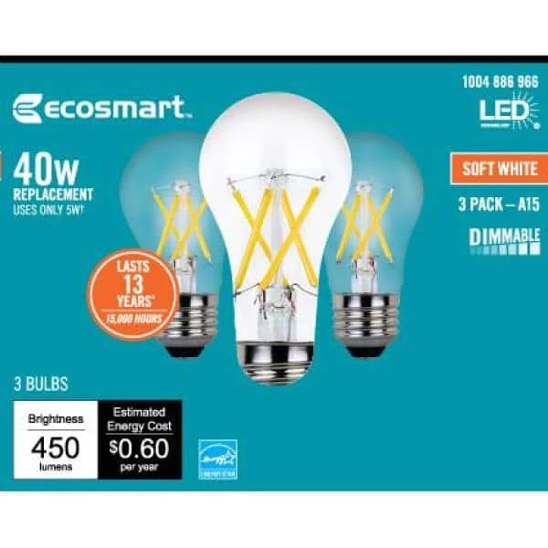 40-Watt Equivalent A15 Dimmable ENERGY STAR Clear Glass Decorative Filament Vintage LED Light Bulb Soft White (3-Pack) by EcoSmart 11 40-Watt Equivalent A15 Dimmable ENERGY STAR Clear Glass Decorative Filament Vintage LED Light Bulb Soft White (3-Pack) by EcoSmart - Image 9