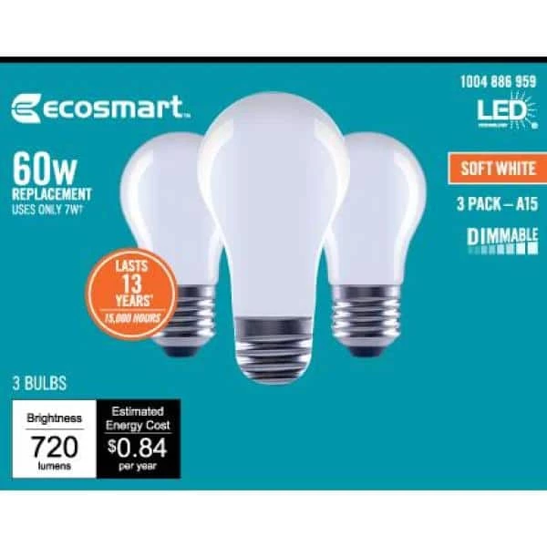 60-Watt Equivalent A15 Dimmable Frosted Glass Decorative Filament LED Vintage Edison Light Bulb Soft White (3-Pack) by EcoSmart 11 60-Watt Equivalent A15 Dimmable Frosted Glass Decorative Filament LED Vintage Edison Light Bulb Soft White (3-Pack) by EcoSmart - Image 9