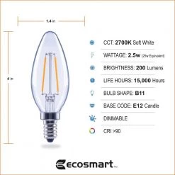 25-Watt Equivalent B11 Dimmable E12 Candelabra ENERGY STAR Clear Glass Vintage LED Light Bulb Soft White (3-Pack) by EcoSmart -EcoSmart Sales ecosmart led light bulbs fg 04064 44 1000