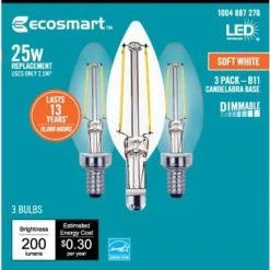 25-Watt Equivalent B11 Dimmable E12 Candelabra ENERGY STAR Clear Glass Vintage LED Light Bulb Soft White (3-Pack) by EcoSmart -EcoSmart Sales ecosmart led light bulbs fg 04064 76 1000