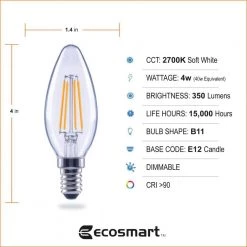 40-Watt Equivalent B11 Dimmable E12 Candelabra ENERGY STAR Clear Glass LED Vintage Edison Light Bulb Soft White (3-Pack) by EcoSmart -EcoSmart Sales ecosmart led light bulbs fg 04067 44 1000