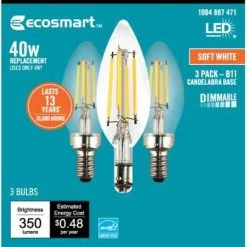 40-Watt Equivalent B11 Dimmable E12 Candelabra ENERGY STAR Clear Glass LED Vintage Edison Light Bulb Soft White (3-Pack) by EcoSmart -EcoSmart Sales ecosmart led light bulbs fg 04067 76 1000