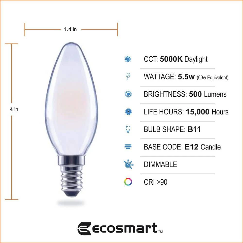 60-Watt Equivalent B11 Dimmable E12 Candelabra ENERGY STAR Frosted Glass LED Vintage Edison Light Bulb Daylight (3-Pack) by EcoSmart 9 60-Watt Equivalent B11 Dimmable E12 Candelabra ENERGY STAR Frosted Glass LED Vintage Edison Light Bulb Daylight (3-Pack) by EcoSmart - Image 7