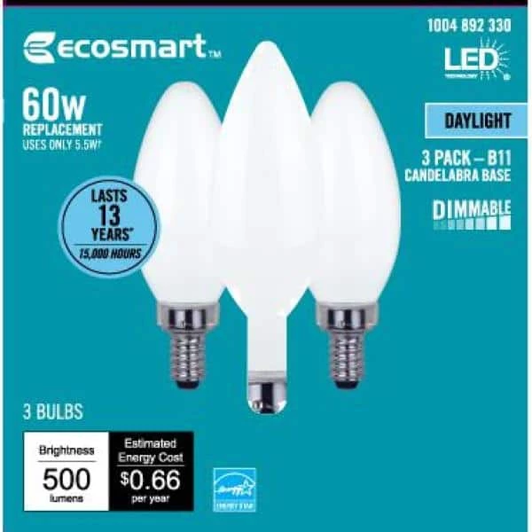 60-Watt Equivalent B11 Dimmable E12 Candelabra ENERGY STAR Frosted Glass LED Vintage Edison Light Bulb Daylight (3-Pack) by EcoSmart 11 60-Watt Equivalent B11 Dimmable E12 Candelabra ENERGY STAR Frosted Glass LED Vintage Edison Light Bulb Daylight (3-Pack) by EcoSmart - Image 9
