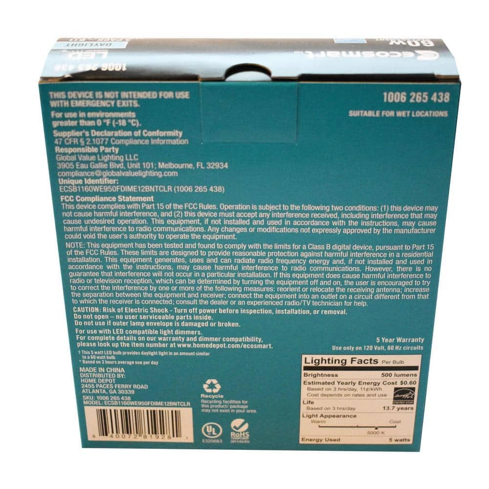 60-Watt Equivalent B11 Dimmable E12 Candelabra Flame Bent Tip Clear Glass LED Vintage Edison Light Bulb Daylight(3-Pack) by EcoSmart 7 60-Watt Equivalent B11 Dimmable E12 Candelabra Flame Bent Tip Clear Glass LED Vintage Edison Light Bulb Daylight(3-Pack) by EcoSmart - Image 5