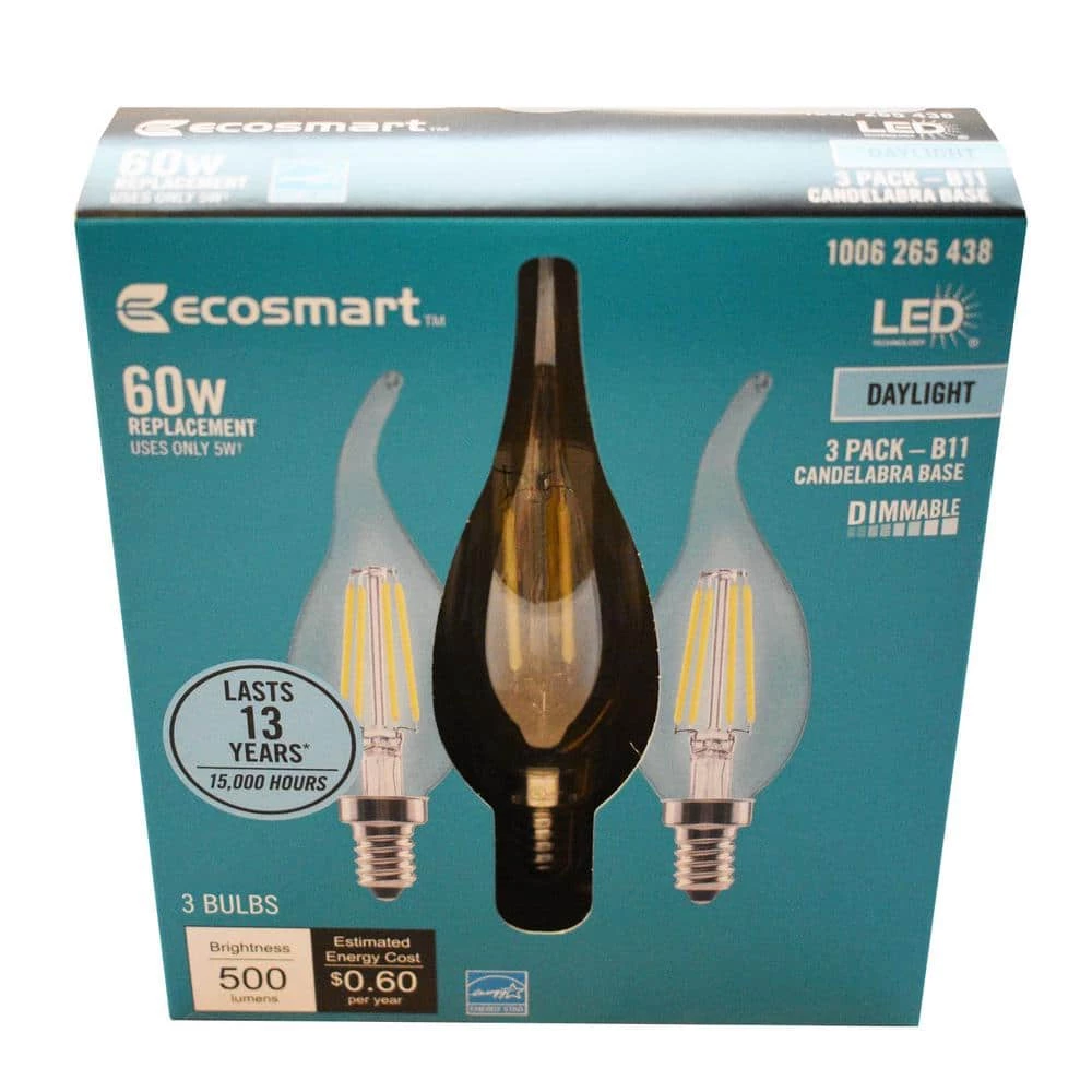 60-Watt Equivalent B11 Dimmable E12 Candelabra Flame Bent Tip Clear Glass LED Vintage Edison Light Bulb Daylight(3-Pack) by EcoSmart 4 60-Watt Equivalent B11 Dimmable E12 Candelabra Flame Bent Tip Clear Glass LED Vintage Edison Light Bulb Daylight(3-Pack) by EcoSmart - Image 2