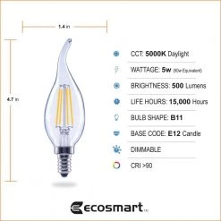 60-Watt Equivalent B11 Dimmable E12 Candelabra Flame Bent Tip Clear Glass LED Vintage Edison Light Bulb Daylight(3-Pack) by EcoSmart 12 60-Watt Equivalent B11 Dimmable E12 Candelabra Flame Bent Tip Clear Glass LED Vintage Edison Light Bulb Daylight(3-Pack) by EcoSmart -EcoSmart Sales ecosmart led light bulbs fg 04189 c3 1000