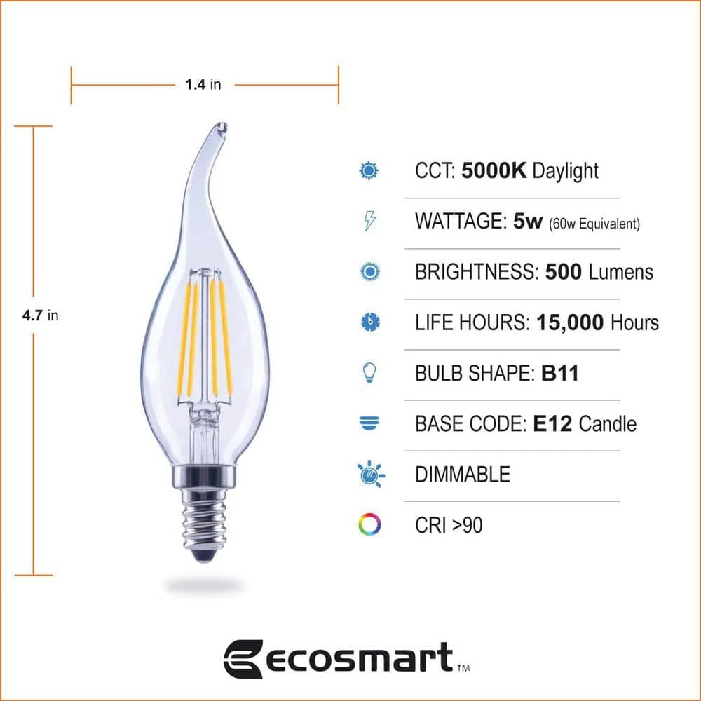 60-Watt Equivalent B11 Dimmable E12 Candelabra Flame Bent Tip Clear Glass LED Vintage Edison Light Bulb Daylight(3-Pack) by EcoSmart 5 60-Watt Equivalent B11 Dimmable E12 Candelabra Flame Bent Tip Clear Glass LED Vintage Edison Light Bulb Daylight(3-Pack) by EcoSmart - Image 3