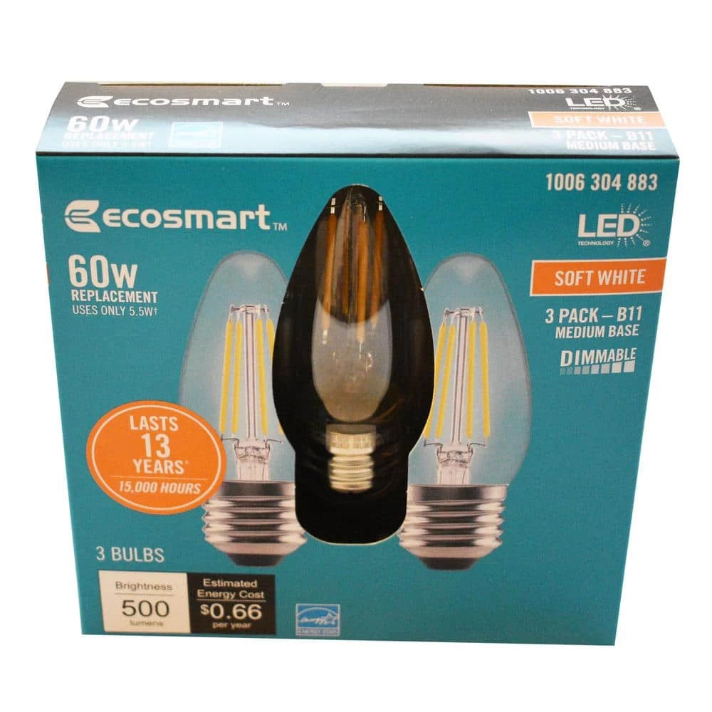 60- -Watt Equivalent B11 Dimmable Blunt Tip Candle Clear Glass Edison Filament LED Light Bulb Soft White (3-Pack) by EcoSmart 4 60- -Watt Equivalent B11 Dimmable Blunt Tip Candle Clear Glass Edison Filament LED Light Bulb Soft White (3-Pack) by EcoSmart - Image 2